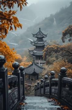 A majestic temple viewed through ornate gates, with autumn leaves framing the serene scene, symbolizing wisdom and the passage of time in nature. Temple Aesthetic, Ancient China Aesthetic, China Nature, Asian Temple, China Aesthetic, Ancient Chinese Architecture, Chinese Wallpaper, Chinese Temple