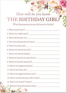 the birthday girl question card with flowers on it