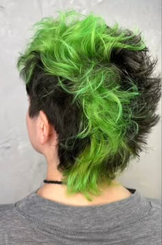 Punk Faux Hawk, Dyed Mohawk Women, Mullet Deathhawk, Vibrant Short Hair, Mullet Dyed Tips, Short Green Hair Men, Black And Green Mullet, Punk Hair Dye, Colourful Mullet