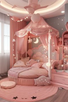 a pink bedroom decorated with stars and lights