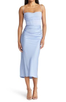 HOUSE OF CB Mixed Media Satin Georgette Midi Dress | Nordstrom Georgette Skirt, Satin Corset Dress, Corset Midi Dress, House Of Cb Dresses, Draped Midi Dresses, Midi Sundress, Healthy Girl, Midi Cocktail Dress, Dress The Population