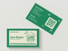 a green business card with an image of a hamburger on it and a qr code