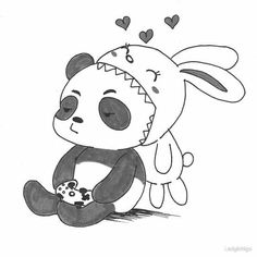 a drawing of a panda bear holding a teddy bear with hearts on it's head