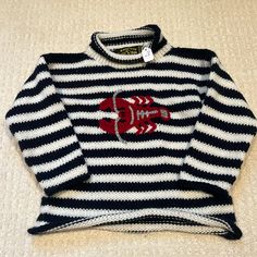 American South Side Navy Blue And White Striped Size 4 Wool Sweater Cute Little Lobster Stitched On - Nwt - My Children Cannot Wear Wool And We Received These As A Gift! Love Them So Much! Ready For Their Next Home Where They Can Be Worn! Pit To Pit Flat Lay 13.5” Arm Sleeve Pit To Cuff Measurement Is 10.5” White Fitted Nautical Tops, Fitted White Nautical Tops, Lobster Sweater, Sweater Cute, Gift Love, Next Home, Arm Sleeve, Yarn Crafts, Wool Sweater