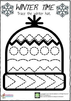 winter time trace the winter hat with snowflakes in the background and an image of a