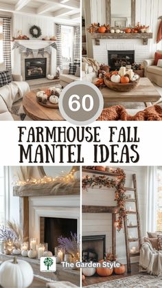 farmhouse fall mantel ideas with pumpkins, candles and other decorations in the living room