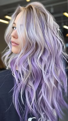 Purple Platinum Blonde Hair, Platinum Hair With Purple Highlights, Funky Hair Colors For Blondes, Light Purple Hair Lavender Highlights, Blonde Hair Color With Purple, Highlight For Blonde Hair, Blonde And Violet Hair, Blond Hair Purple Highlights, Blonde Hair With Purple Highlights Peekaboo Color