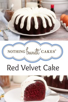 a red velvet cake with white icing is on a plate and has the words nothing bundt cakes above it