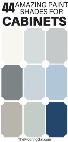 four different shades of gray and white with the words 4 amazing paint shades for cabinets