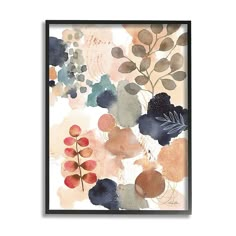 an abstract painting with watercolor leaves and berries on the bottom, framed in black frame