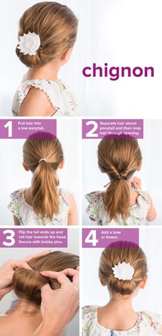 Chiffon Bun Hair, Easy Wedding Hairstyles Do It Yourself Up Dos, Kids Up Do, Updo For Girls Kids, Kids Updo Hairstyles For Weddings, Girls Updo Hairstyles Kids, Kids Updo Hairstyles, Chignon Tutorial, Easy Chignon