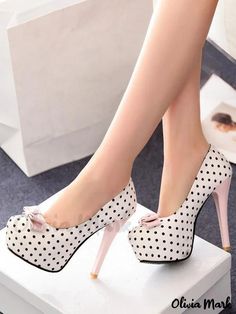 Olivia Mark - Vintage High Heel Shoes with Black Platform, Polka Dot Pattern, and Bow Accent Vintage High Heels, Platform Stilettos, Stiletto Shoes, Gorgeous Shoes, Platform High Heels, Black Platform, Fabulous Shoes, Black High Heels, Crazy Shoes