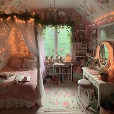 a bedroom decorated in pink and white with fairy lights on the ceiling, bed canopy, desk