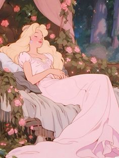 the sleeping princess is wearing a tiara and sitting in a chair surrounded by flowers