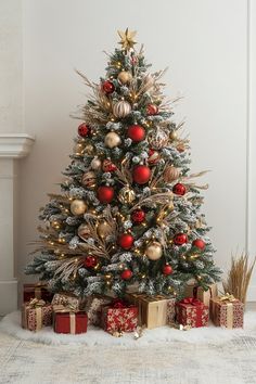 a decorated christmas tree with presents under it