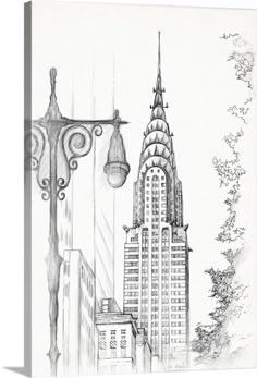 a pencil drawing of the chrysler building in new york city, with street lights and lampposts