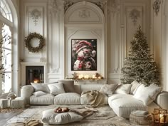 a living room filled with furniture and a christmas tree