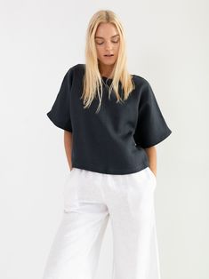 "BEE is a simple loose fitting short sleeve linen top. DETAILS - Boat neckline - Short sleeve - Kimono sleeves - Pullover design - Cropped length - 100% lightweight European linen fabric - Cut and sewn to order just for you in our studio COLOR - Dark Grey, you can also choose other colors above - Fabric samples are available here https://www.etsy.com/listing/586569696/linen-fabric-samples SIZING & FIT - Fits true to size - Length is approximately 20 inches / 51.5 cm - Bust (pit to pit) is ap Linen Tops With Rolled Short Sleeves, Linen Short Sleeve Tops For Everyday, Relaxed Short Sleeve Tops With Rolled Sleeves, Relaxed Top With Rolled Short Sleeves, Relaxed Boxy Top With Short Sleeves, Effortless Tops With Rolled Short Sleeves, Modern Linen Tops For Everyday, Modern Linen Tops For Everyday Wear, Modern Everyday Linen Tops