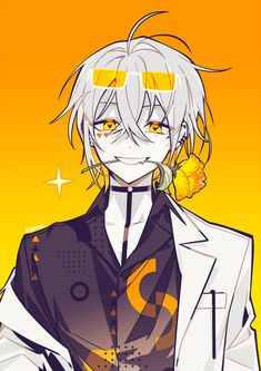 an anime character with white hair and yellow eyes, wearing a black shirt and sunglasses