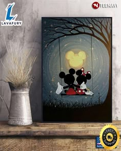 mickey and minnie on a swing at night with the moon in the sky above them