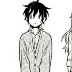 two anime characters standing next to each other in front of a white background with black and white lines