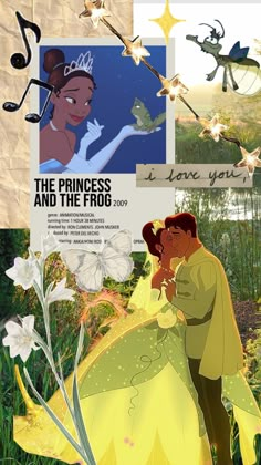 the princess and the frog movie poster with images of prince and princess from disney's animated film