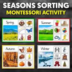 four seasons sorting montessoi activity cards with the words autumn and winter on them