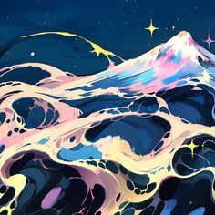 an abstract painting of mountains and stars in the night sky with blue, pink, yellow and white colors