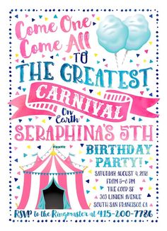 a circus birthday party poster with balloons