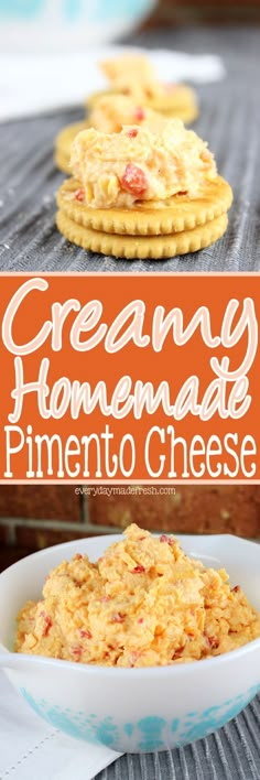 an orange and white plate with some cookies on it, and the words creamy homemade pimento