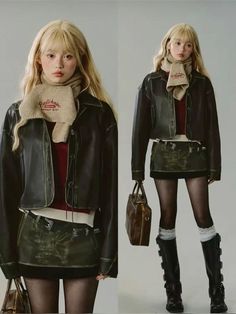 Ethereal Fall Outfits, Fall Outfits 2000s Inspired, Winter Kpop Outfits, Leather Skirt Winter, Leather Skirt Outfit Winter, Fall Runway, Women's Outfits, Mode Inspo, 가을 패션