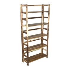 a wooden shelf with three shelves on each side