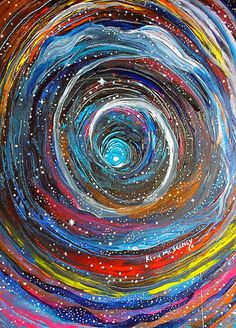 an abstract painting with stars and swirls in the center, on a black background