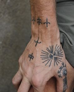 a man with tattoos on his hand and wrist