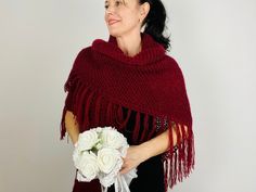 "❤READY TO SHIP https://etsy.me/3ygSPbn ❤FAST SHIPPING from the USA https://etsy.me/3dmHrSe ❤SHAWL PIN-CLIP HERE: http://etsy.me/3ezPsWg Length 94\"/240cm Bordo bride shawl winter knit shoulder wrap wool triangle shawl fringe wedding shawl bridesmaid shawl anniversary gift 100% Handmade and I'm proud of it Measurements: Size ---Length - top 94\" / 240 cm, Center height 37'' / 95 cm + Fringe 6\" / 15cm Soft warm blend yarn MOHAIR+WOOl+ Premium Acrylic Look, please, more: https://etsy.me/300Vzf8 Y Elegant Fringe Shawl For Wedding, Elegant Fringed Shawl For Wedding, Elegant Fringed Shawl For Winter, Elegant Winter Shawl With Fringe, Winter Wedding Shawl Scarf, Winter Gift Shawl, Bohemian Wedding Shawl For Winter, Bohemian Winter Wedding Shawl, Wedding Shawl Bridesmaid