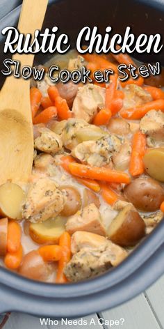 a pot filled with chicken and carrots next to a wooden spoon on top of a table