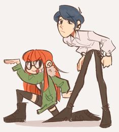 two anime characters one with red hair and the other wearing black pants