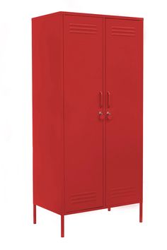 a red metal storage cabinet with two doors