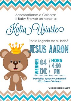 a baby shower with a teddy bear wearing a crown