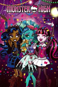 monster high poster with two girls dressed up in costumes and confetti on the background