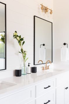 a bathroom with two sinks, mirrors and plants in vases on the counter top