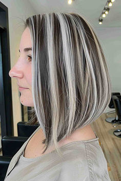 25 Chunky Blonde Highlight Ideas That Are Taking Over Instagram Blonde And Brown Chunky Hair, Blonde Hair Chunky Brown Highlights, Chunky Zebra Highlights, Chunky Highlights 2020, Brown Hair With Chunky Blonde Highlights Y2k, Short Stacked Bob Haircuts, Short Stacked Bobs, Blonde Highlights On Dark Hair