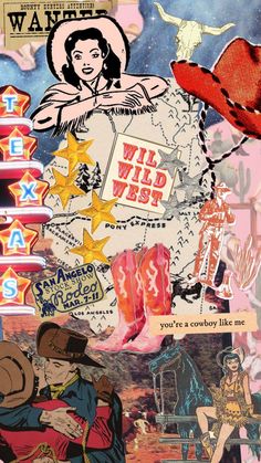 the collage has many different images and words on it, including an image of a cowboy