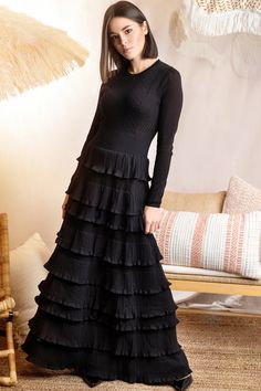 Obsessing over the SS24 Black Knit Detailed Layered Dress! Each layer adds drama to this knit masterpiece, perfect for making a grand entrance. It's chic, it's elegant, it's everything! Ready to reign as the queen of style? 🖤 #MunFashion #LayeredLuxe #KnitEnchantment #DramaticEntrance #ChicQueen #ElegantAffair #FashionRoyalty #StyleSovereign #KnitCouture #LuxeLayers Elegant Knit Maxi Dress, Elegant Layered Spring Dresses, Layered Dresses For Spring, Layered Fitted Evening Dresses, Knit Dresses For Layering, Elegant Layered Midi Dress, Layered Fitted Midi Dresses, Fitted Layered Tiered Dress, Chic Knit Evening Dresses