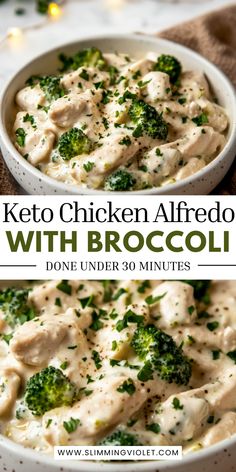 broccoli and chicken alfredo with broccoli in a white bowl on a table