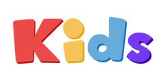 the word kids spelled with colorful letters on a white background for children's learning