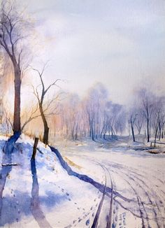 a painting of a snowy landscape with tracks in the foreground and trees on either side