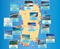 a map with many different places to see in the ocean and on it's side