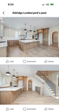 two images show the same kitchen and living room in different rooms, one is empty