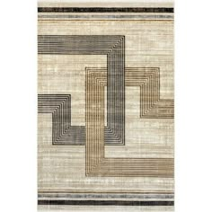 a beige rug with black and white lines on it, in the shape of a rectangle